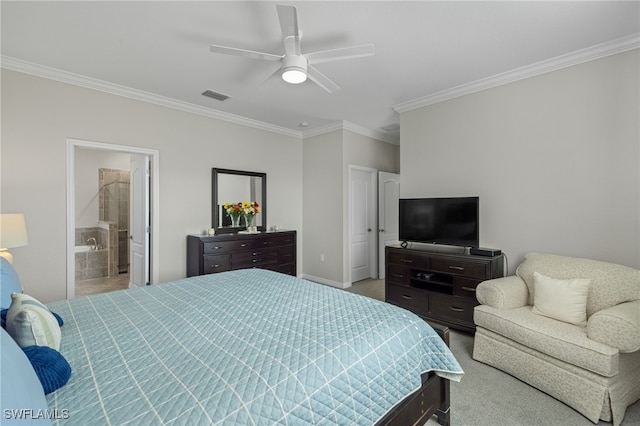 carpeted bedroom featuring ensuite bathroom, ceiling fan, and crown molding