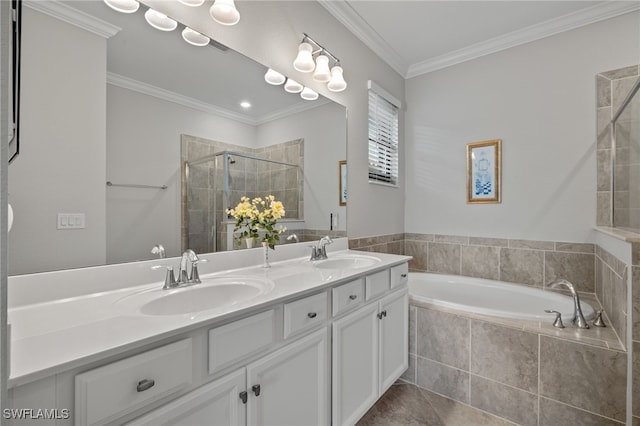 bathroom featuring shower with separate bathtub, vanity, tile patterned floors, and ornamental molding