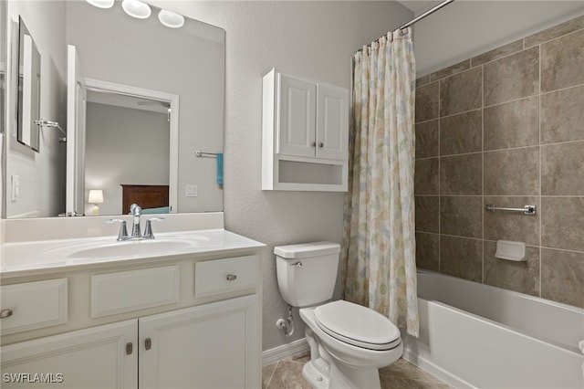 full bathroom with toilet, vanity, and shower / tub combo with curtain