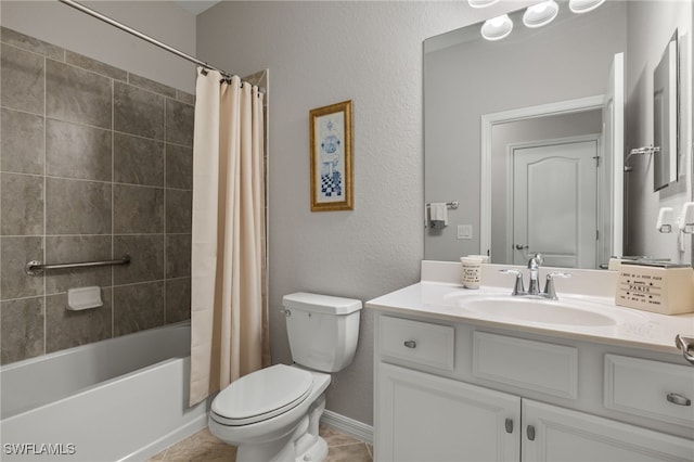 full bathroom featuring toilet, tile patterned floors, vanity, and shower / tub combo with curtain