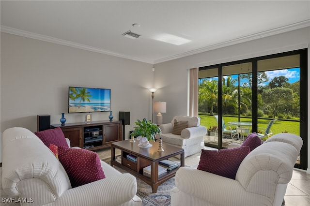 tiled living room with crown molding