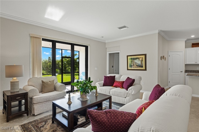 living room with crown molding