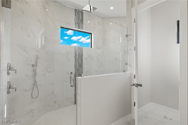 bathroom with baseboards, marble finish floor, a marble finish shower, and recessed lighting