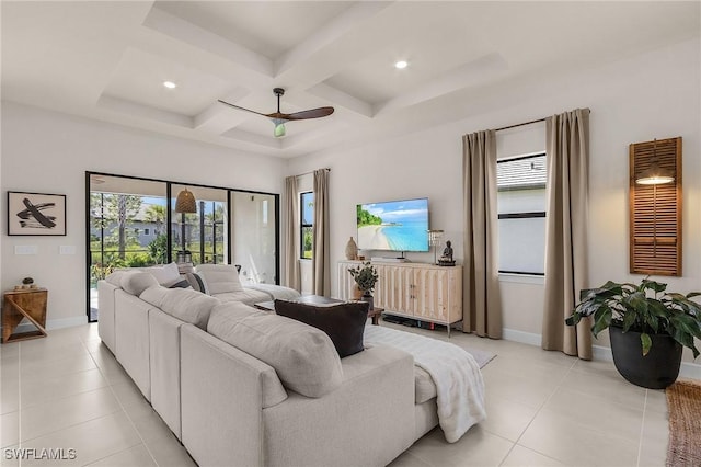 living room featuring beamed ceiling, ceiling fan, coffered ceiling, and light tile patterned flooring