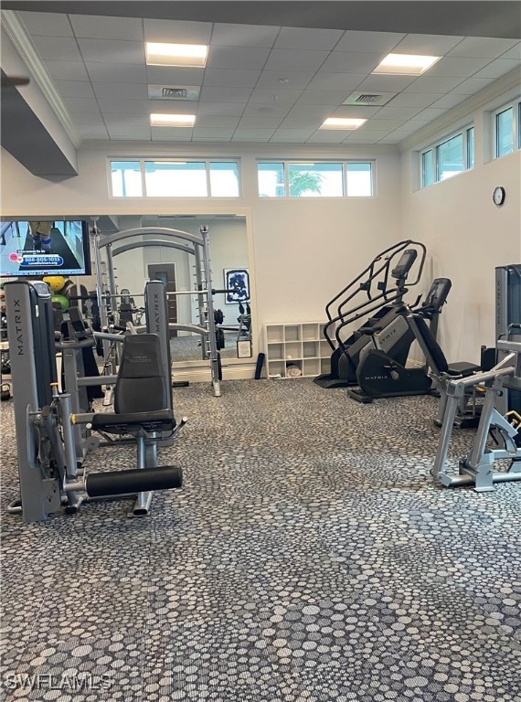 gym featuring a drop ceiling and a wealth of natural light