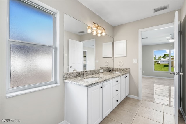 bathroom with ceiling fan, vanity, and tile patterned floors