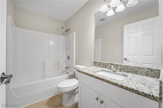 full bathroom featuring shower / bath combination, tile patterned floors, vanity, and toilet