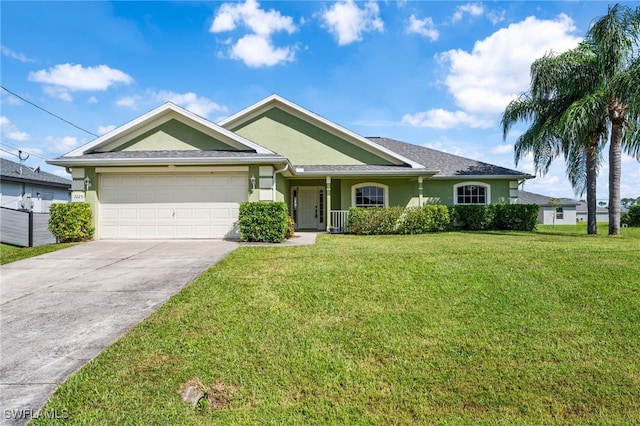 ranch-style home with a garage and a front lawn