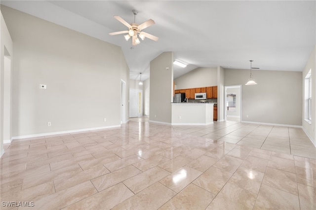 unfurnished living room featuring high vaulted ceiling, ceiling fan, and light tile patterned floors