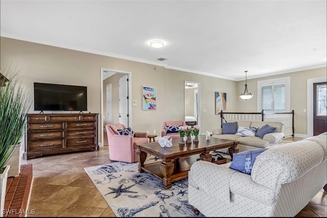 living room with crown molding