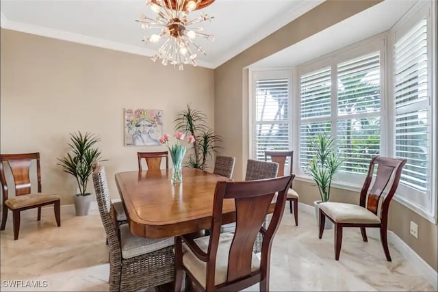 carpeted dining area featuring a chandelier and crown molding