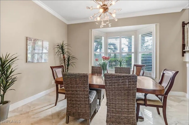 dining area featuring crown molding and a notable chandelier