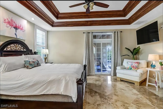 bedroom featuring ornamental molding, a tray ceiling, ceiling fan, and access to exterior