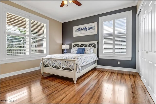 bedroom with ceiling fan, crown molding, hardwood / wood-style floors, and multiple windows