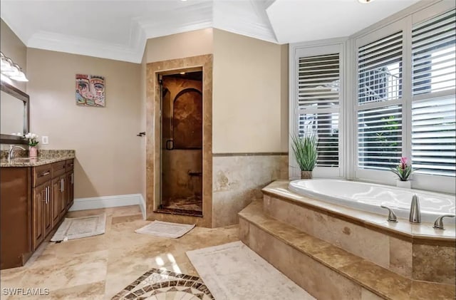 bathroom featuring vanity, plus walk in shower, and ornamental molding