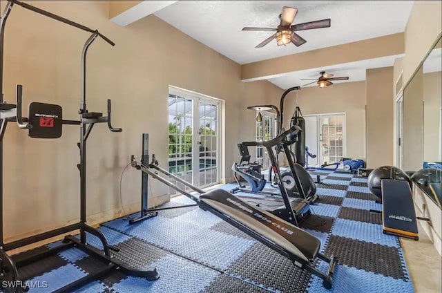 workout area featuring ceiling fan and french doors