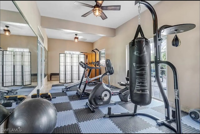 exercise area featuring a healthy amount of sunlight and ceiling fan