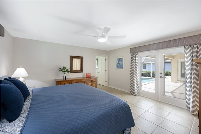 bedroom featuring access to outside, ceiling fan, french doors, and light tile patterned floors