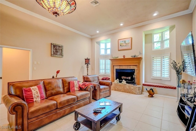 tiled living room featuring a towering ceiling and ornamental molding