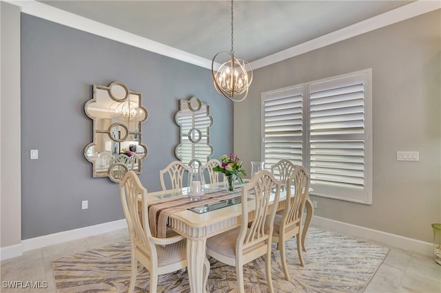 tiled dining room with a notable chandelier and crown molding