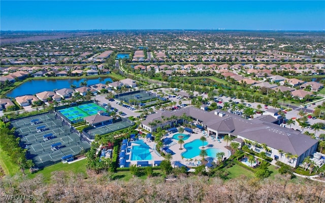 aerial view featuring a water view