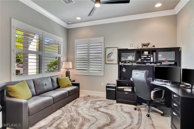 office space featuring ceiling fan and light tile patterned flooring