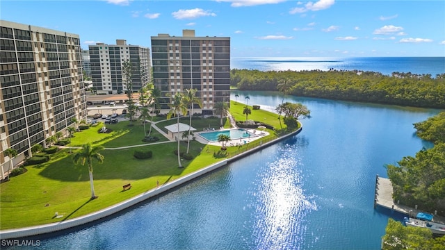 bird's eye view with a water view