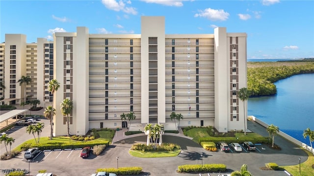 view of building exterior featuring a water view