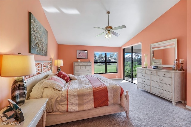 carpeted bedroom featuring lofted ceiling, access to outside, and ceiling fan