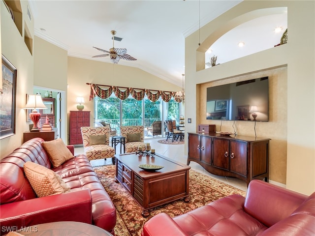 tiled living room with crown molding, vaulted ceiling, and ceiling fan