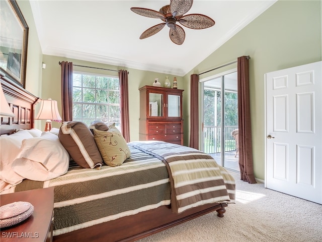 carpeted bedroom with lofted ceiling, multiple windows, access to exterior, and ceiling fan