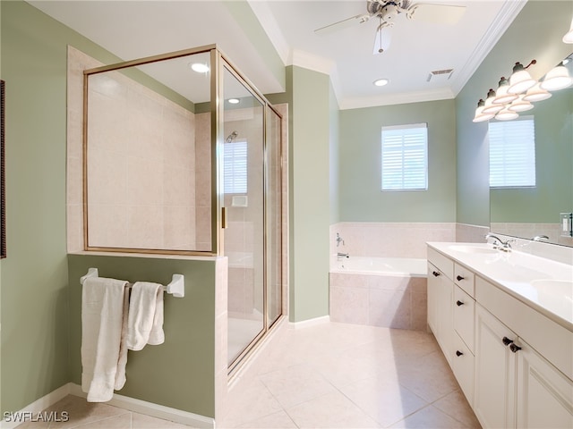 bathroom featuring vanity, crown molding, tile patterned flooring, ceiling fan, and plus walk in shower