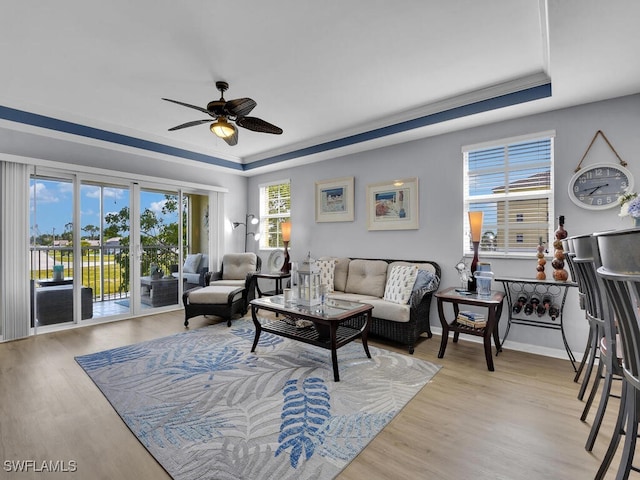 living room with a tray ceiling, light hardwood / wood-style floors, and ceiling fan