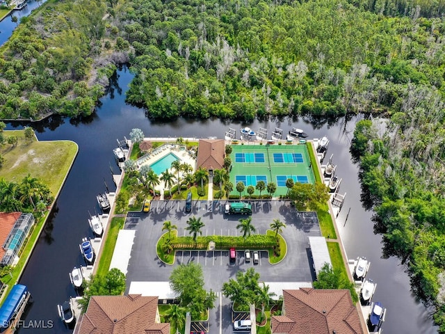 drone / aerial view featuring a water view