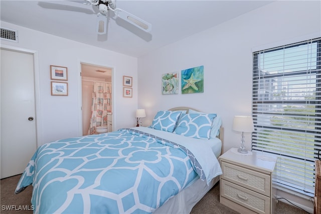 carpeted bedroom featuring ceiling fan