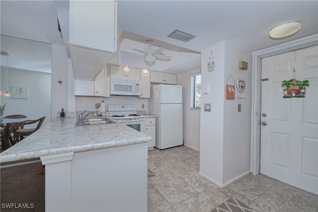 kitchen with white cabinetry, kitchen peninsula, white appliances, and sink