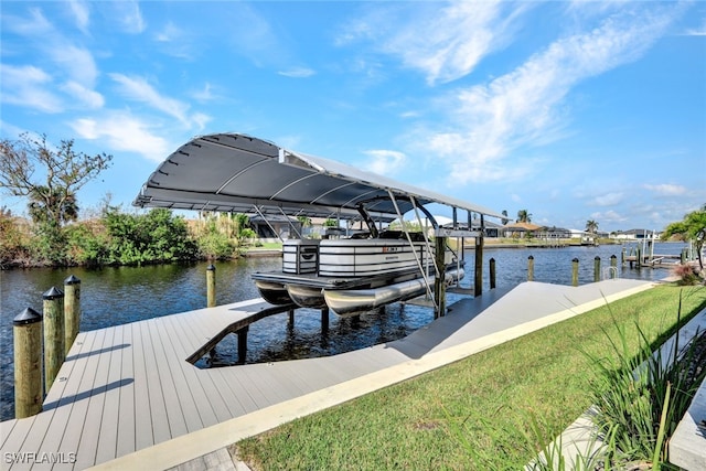 dock area with a water view and a lawn