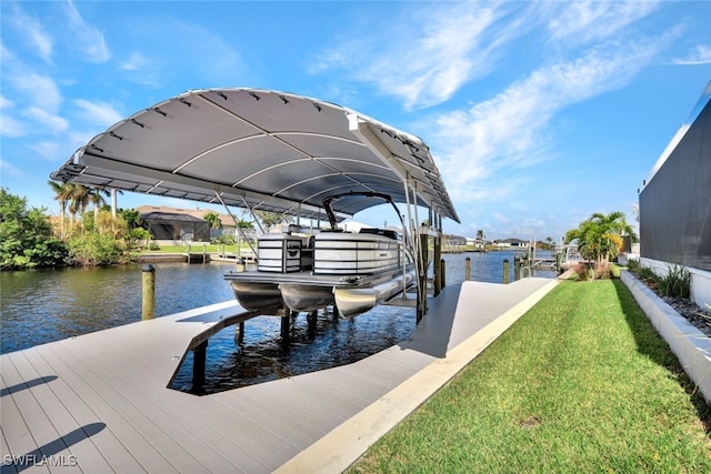 view of dock featuring a water view and a lawn