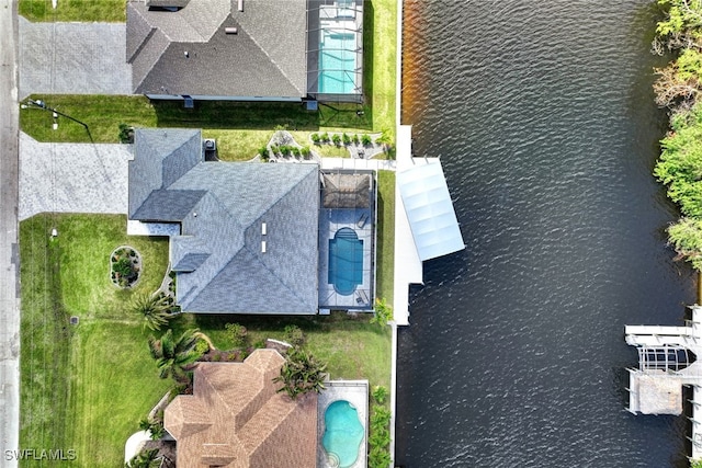 drone / aerial view featuring a water view