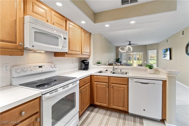 kitchen with sink, decorative backsplash, ceiling fan, kitchen peninsula, and white appliances