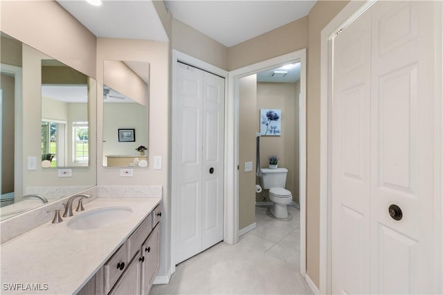 bathroom with vanity, toilet, and tile patterned flooring