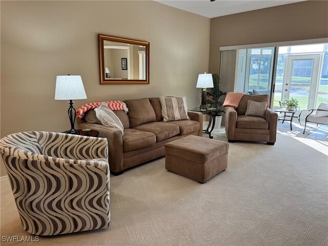 living room with light colored carpet