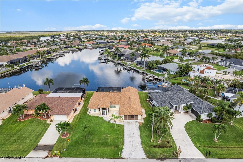 aerial view featuring a water view