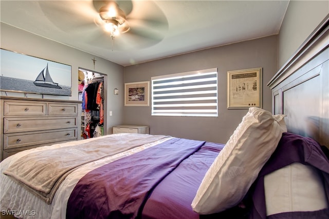 bedroom with ceiling fan, a closet, and a walk in closet