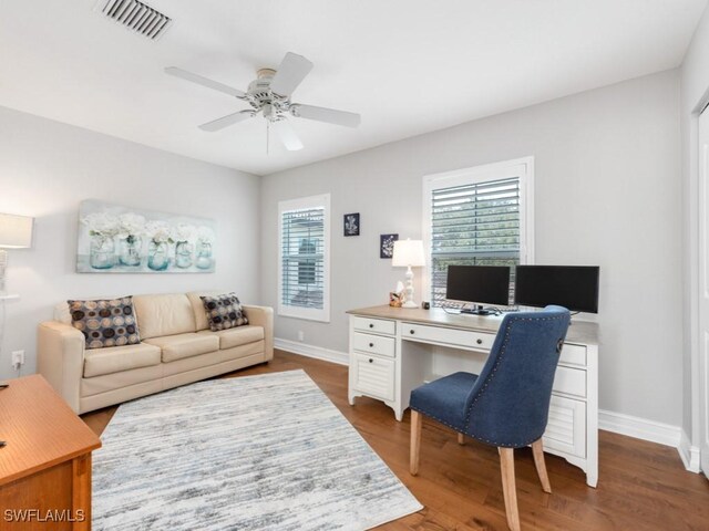 office area featuring hardwood / wood-style floors and ceiling fan