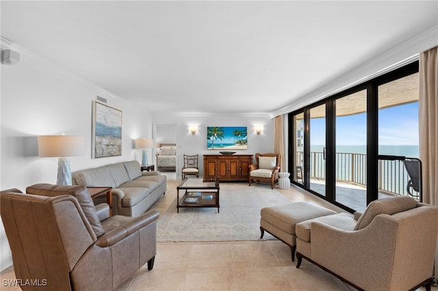 living room featuring crown molding and light tile patterned floors