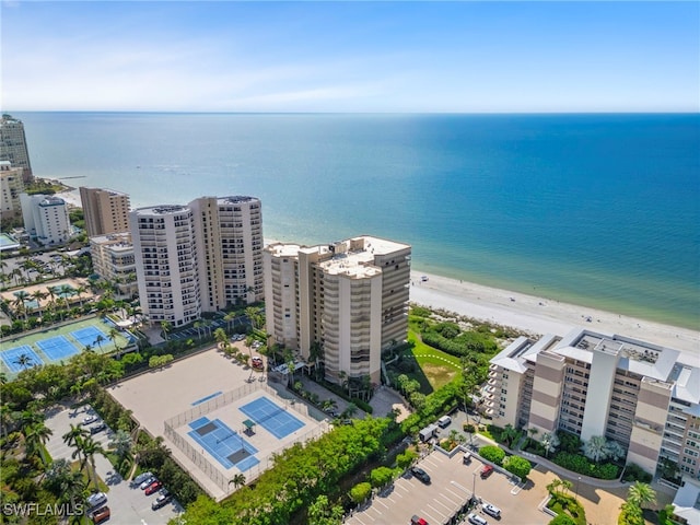 bird's eye view with a water view and a beach view