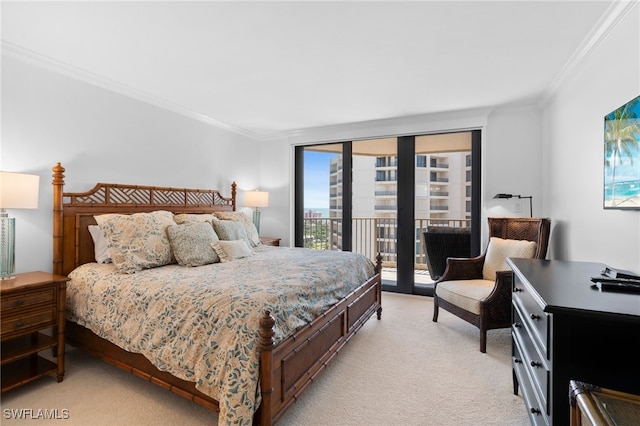 bedroom with light carpet, access to outside, and ornamental molding