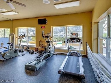 gym featuring ceiling fan and a healthy amount of sunlight