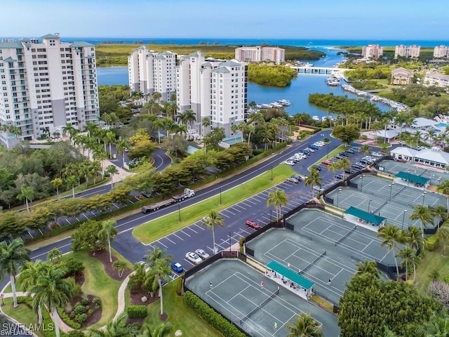 birds eye view of property featuring a water view